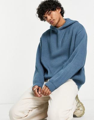 ASOS DESIGN oversized knitted jumper with hoodie in blue  - ASOS Price Checker