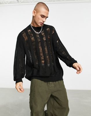ASOS DESIGN oversized knitted jumper with laddering detail in black