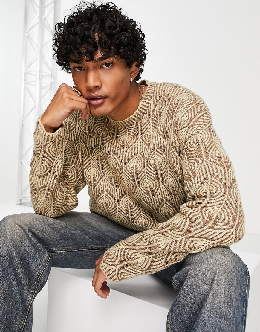 ASOS DESIGN oversized knitted jumper with leaf pattern in beige-Grey