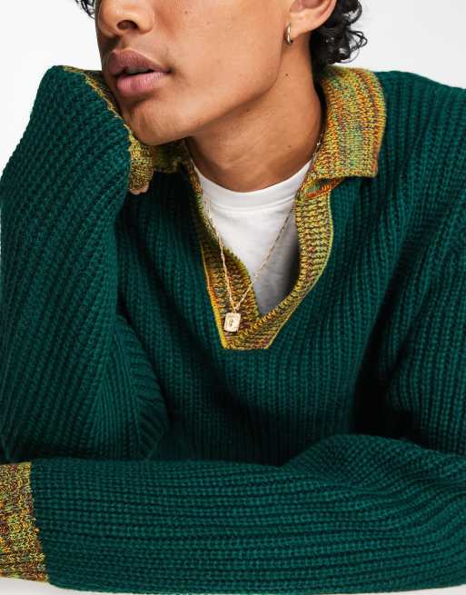 ASOS DESIGN oversized knitted jumper with notch neck contrast trim in green, 3 of 4
