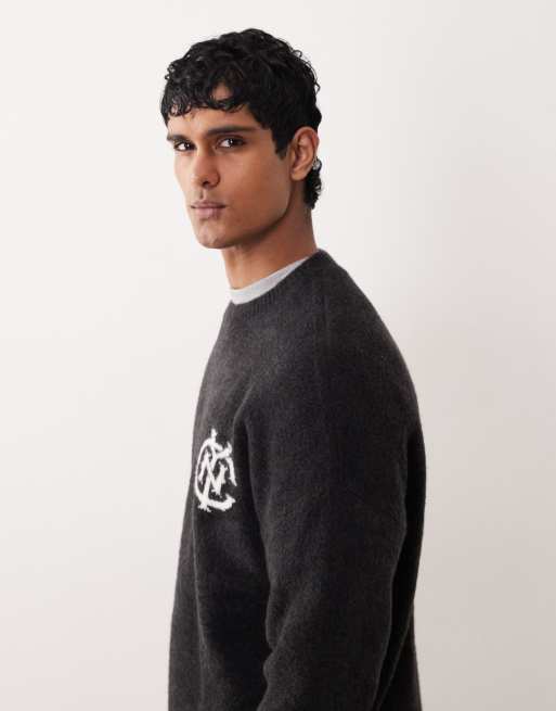 ASOS DESIGN oversized knitted jumper with NYC chest logo in washed black (Part of a set), 5 of 5
