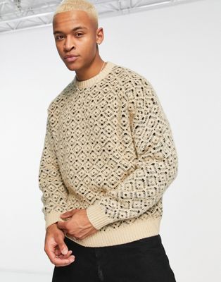 ASOS DESIGN oversized knitted jumper with pattern detail in beige