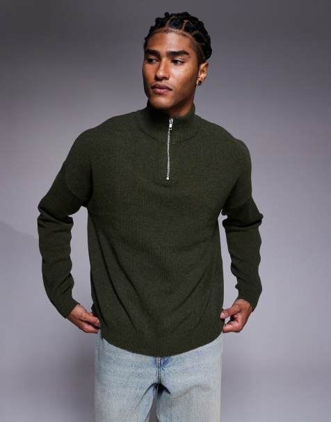 ASOS DESIGN oversized knitted lambswool half zip jumper in khaki marl - view 1