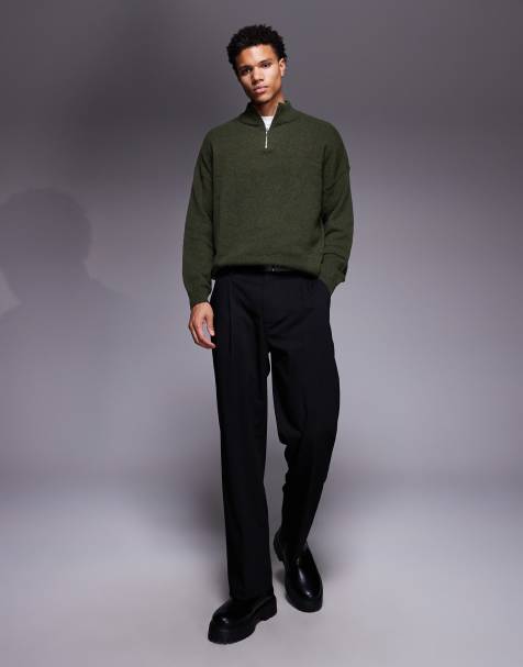 ASOS DESIGN oversized knitted lambswool half zip jumper in khaki marl