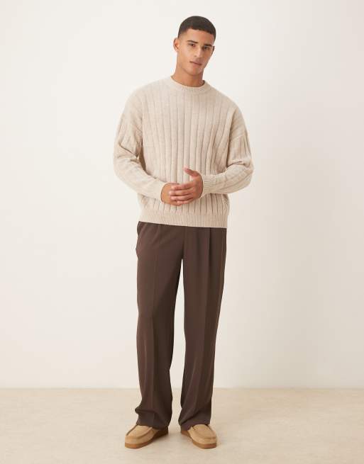 ASOS DESIGN oversized knitted lambswool rib crew neck jumper in beige marl, 2 of 5