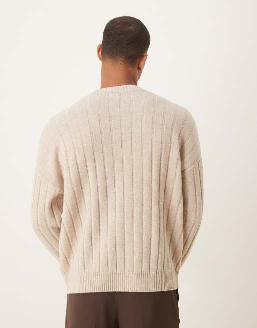 ASOS DESIGN oversized knitted lambswool rib crew neck jumper in beige marl, 3 of 5