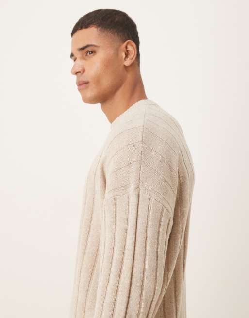 ASOS DESIGN oversized knitted lambswool rib crew neck jumper in beige marl, 4 of 5