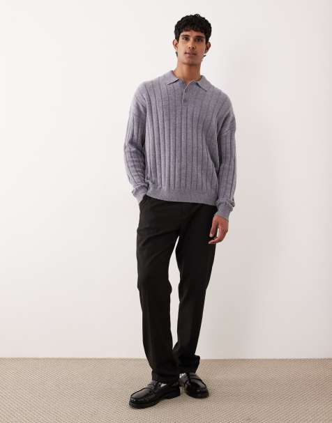ASOS DESIGN oversized knitted lambswool rib polo in grey marl