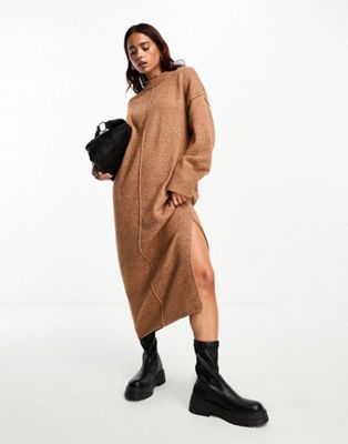ASOS DESIGN oversized knitted midi dress with crew neck and seam detail in camel