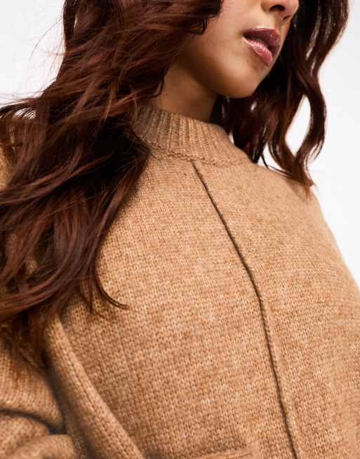 ASOS DESIGN oversized knitted midi dress with crew neck and seam detail in camel, 3 of 4