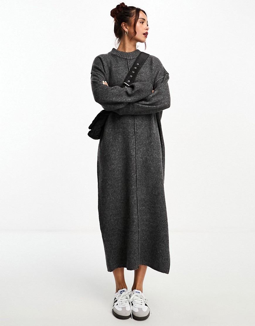 Asos Design Oversized Knitted Midi Dress With Crew Neck And Seam Detail In Charcoal-gray