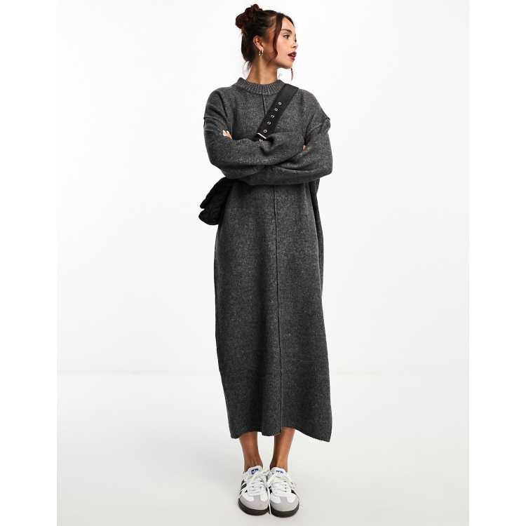 ASOS DESIGN oversized knitted midi dress with crew neck and seam detail in  charcoal