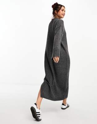 ASOS DESIGN oversized knitted midi dress with crew neck and seam detail in  charcoal