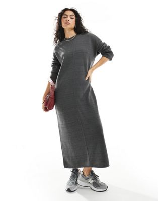 Asos Design Oversized Knitted Midi Dress With Crew Neck And Seam Detail In Charcoal-gray