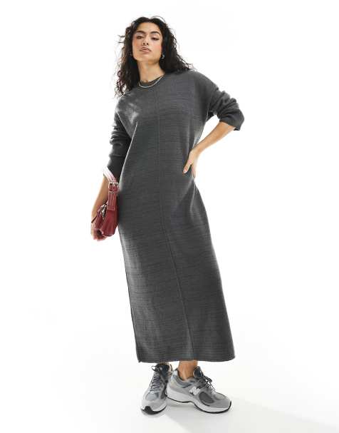 ASOS DESIGN oversized knitted midi dress with crew neck and seam detail in charcoal - view 1