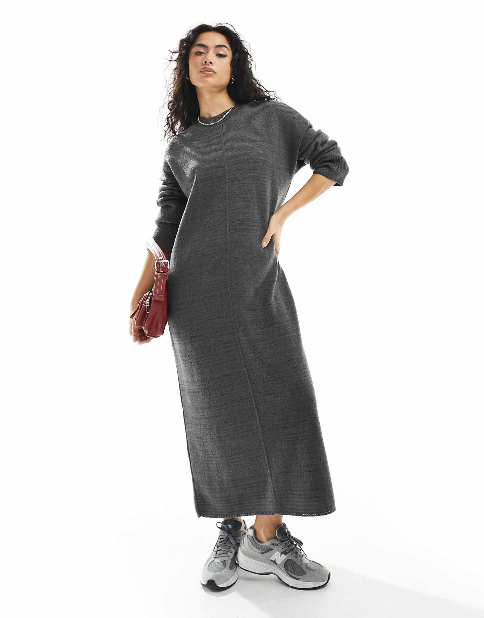 asos design oversized knitted midi dress with crew neck and seam detail in charcoal