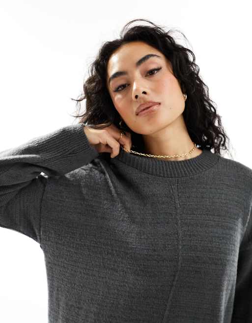 ASOS DESIGN oversized knitted midi dress with crew neck and seam detail in charcoal