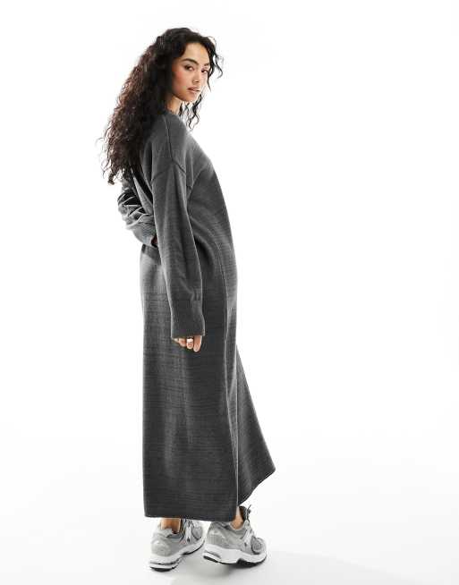ASOS DESIGN oversized knitted midi dress with crew neck and seam detail in charcoal
