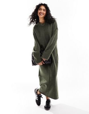 ASOS DESIGN oversized knitted midi dress with crew neck and seam detail in khaki