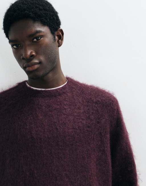 ASOS DESIGN oversized knitted mohair jumper in burgundy, 3 of 5