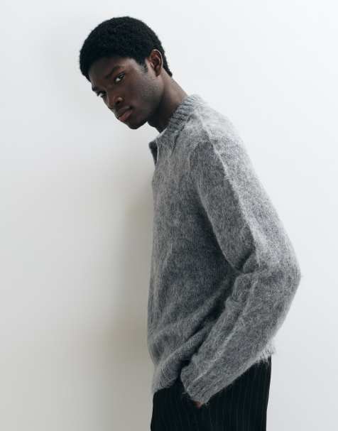 ASOS DESIGN oversized knitted mohair notch neck jumper in grey - view 1