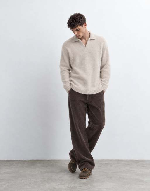 ASOS DESIGN oversized knitted mohair notch neck jumper in stone, 8 of 10