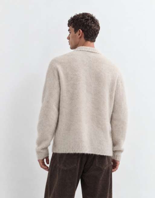 ASOS DESIGN oversized knitted mohair notch neck sweater in stone, 6 of 10