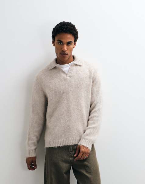 ASOS DESIGN oversized knitted notch neck jumper in stone - view 1