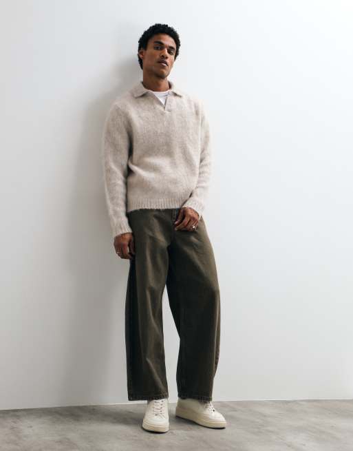 ASOS DESIGN oversized knitted notch neck jumper in stone, 2 of 5
