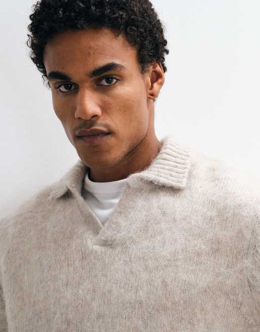 ASOS DESIGN oversized knitted notch neck jumper in stone, 3 of 5