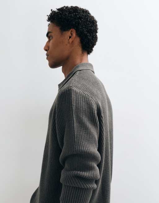 ASOS DESIGN oversized knitted notch neck polo in charcoal, 4 of 5