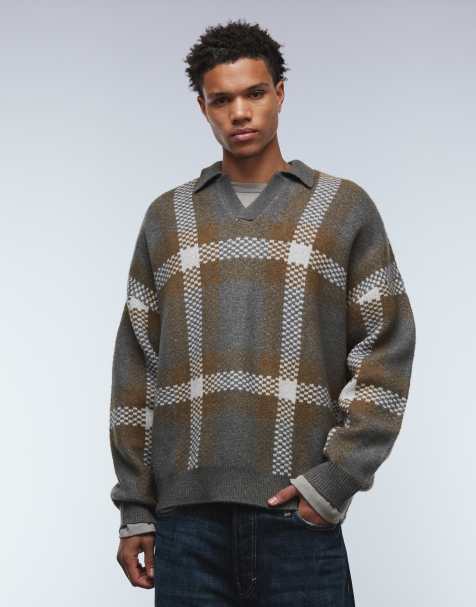 ASOS DESIGN oversized knitted notch neck polo jumper in grey check - view 1