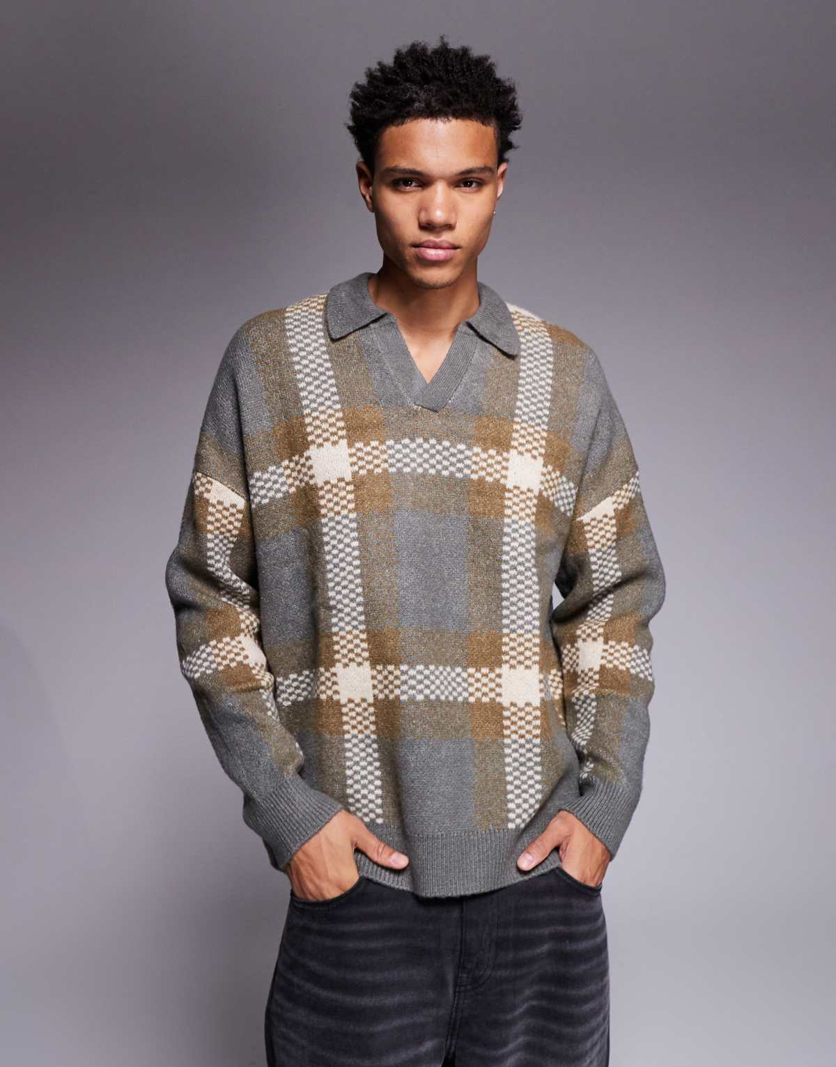 ASOS DESIGN oversized knitted notch neck polo jumper in grey check