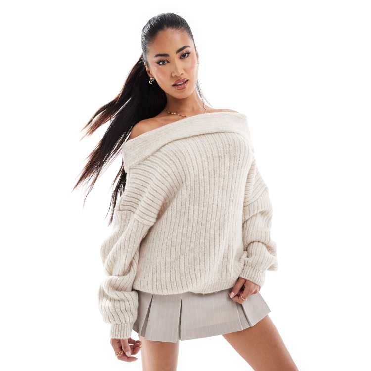 ASOS DESIGN oversized knitted off shoulder jumper in cream