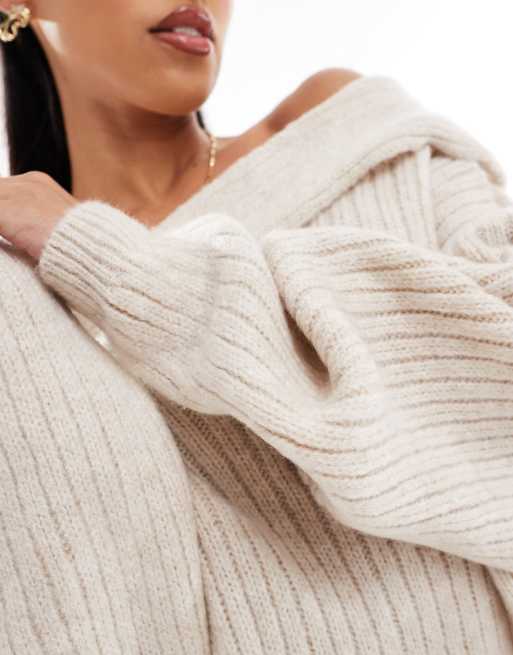 ASOS DESIGN oversized knitted off shoulder jumper in cream