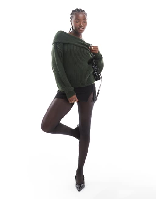ASOS DESIGN oversized knitted off shoulder jumper in forest green