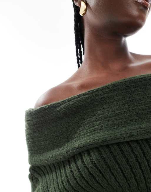 ASOS DESIGN oversized knitted off shoulder jumper in forest green