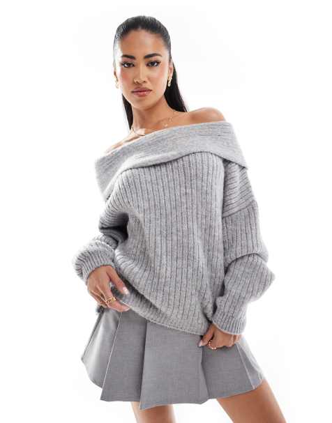 ASOS DESIGN oversized knitted off shoulder jumper in grey - view 1