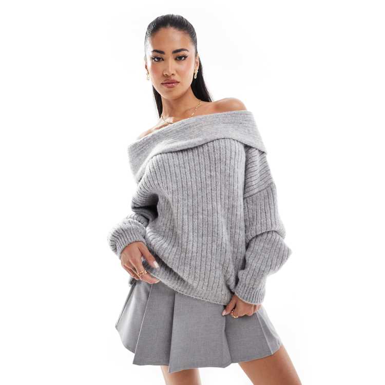 ASOS DESIGN oversized knitted off shoulder jumper in grey