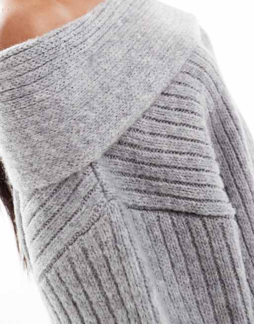 ASOS DESIGN oversized knitted off shoulder jumper in grey
