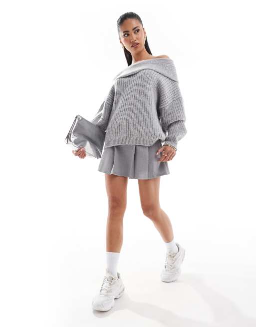 ASOS DESIGN oversized knitted off shoulder jumper in grey