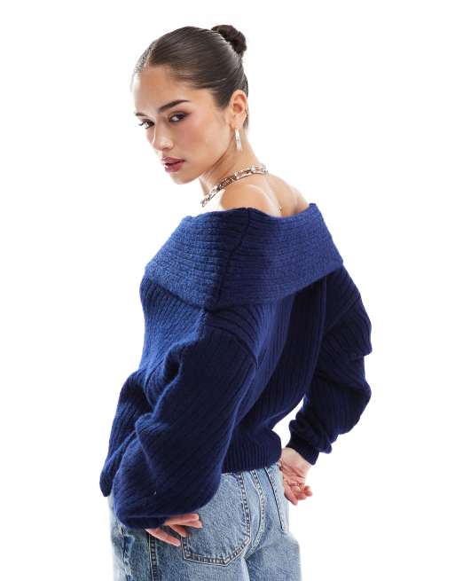 ASOS DESIGN oversized knitted off shoulder jumper in navy