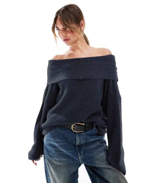 ASOS DESIGN oversized knitted off shoulder jumper in navy - view 1
