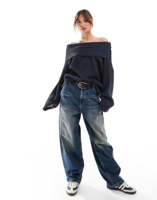 ASOS DESIGN oversized knit off-shoulder sweater in navy