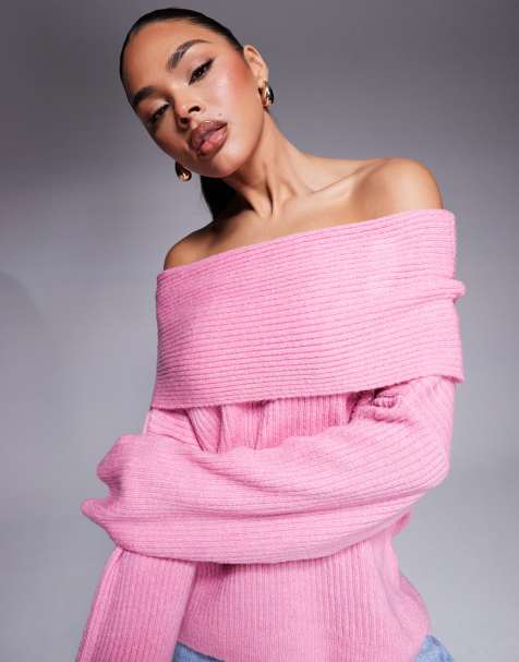 ASOS DESIGN oversized knitted off shoulder jumper in soft pink - view 1