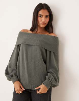 ASOS DESIGN oversized knitted off shoulder jumper with balloon sleeve in green-Blue