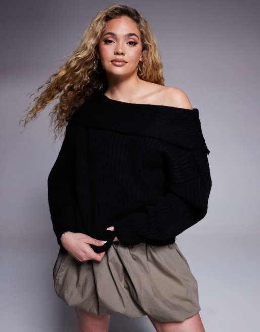 ASOS DESIGN oversized knitted off shoulder jumper in black