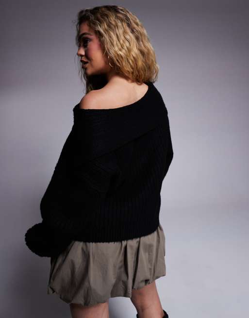 ASOS DESIGN oversized knitted off shoulder jumper in black