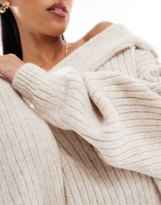ASOS DESIGN oversized knitted off shoulder sweater in cream ASOS DESIGN oversized knitted off shoulder sweater in cream