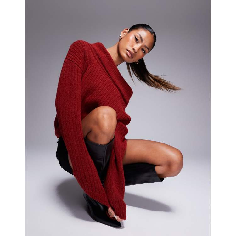 ASOS DESIGN oversized knitted off shoulder sweater in wine ASOS